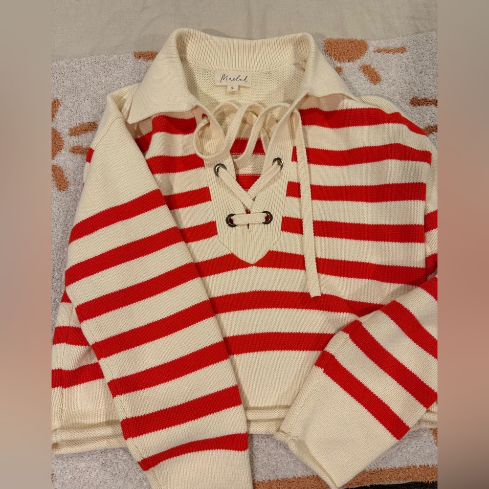 Marled Red and Cream V-Neck Sweater